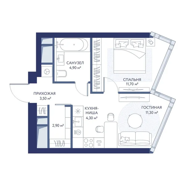 1-комнатная квартира, 38,6 м²